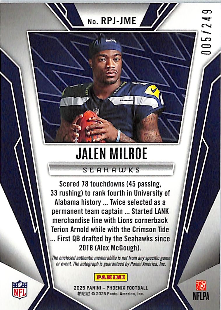 2025 Phoenix Jalen Milroe Auto Autograph Rookie RC Patch Jersey /249 RPA Seahawks