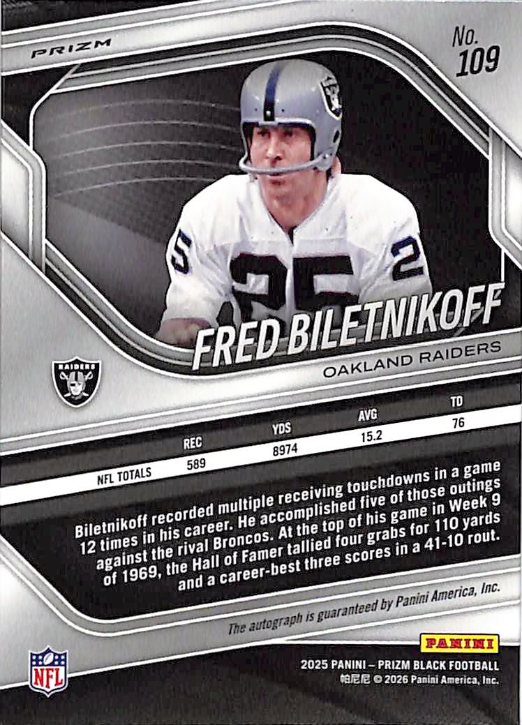 2025 Prizm Black Fred Biletnikoff Auto Autograph Silver Raiders