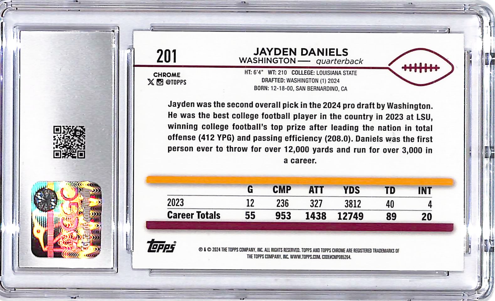 2024 Topps Chrome Jayden Daniels Rookie RC #201 CGC 10 Commanders
