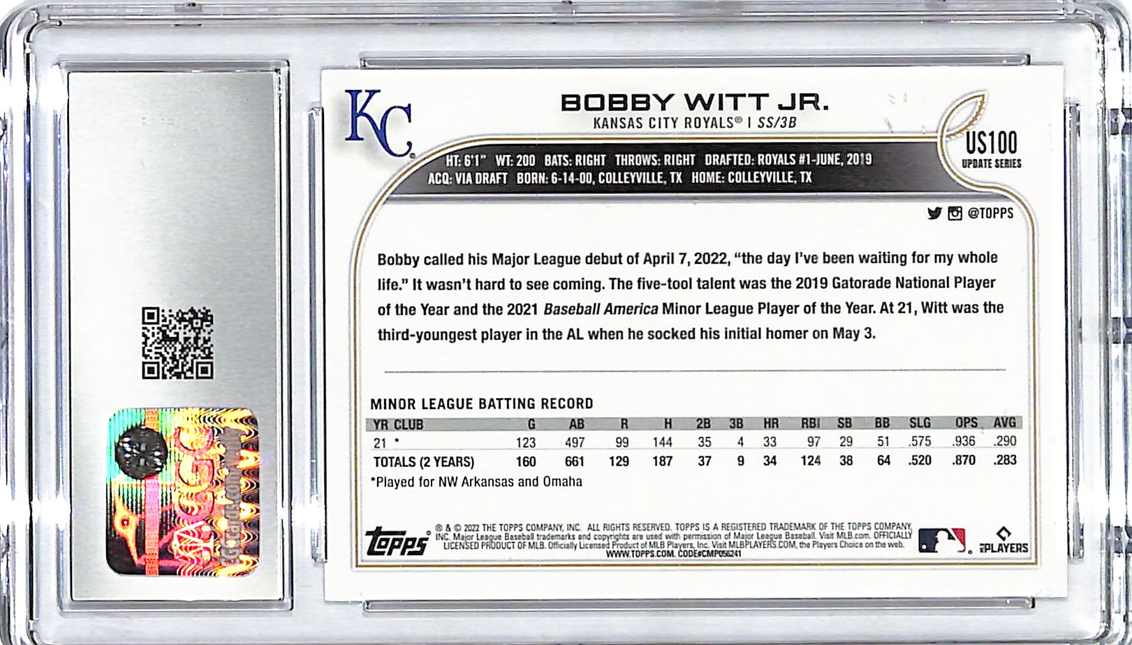 2022 Topps Update Bobby Witt Jr Rookie RC US100 CGC 10 Royals
