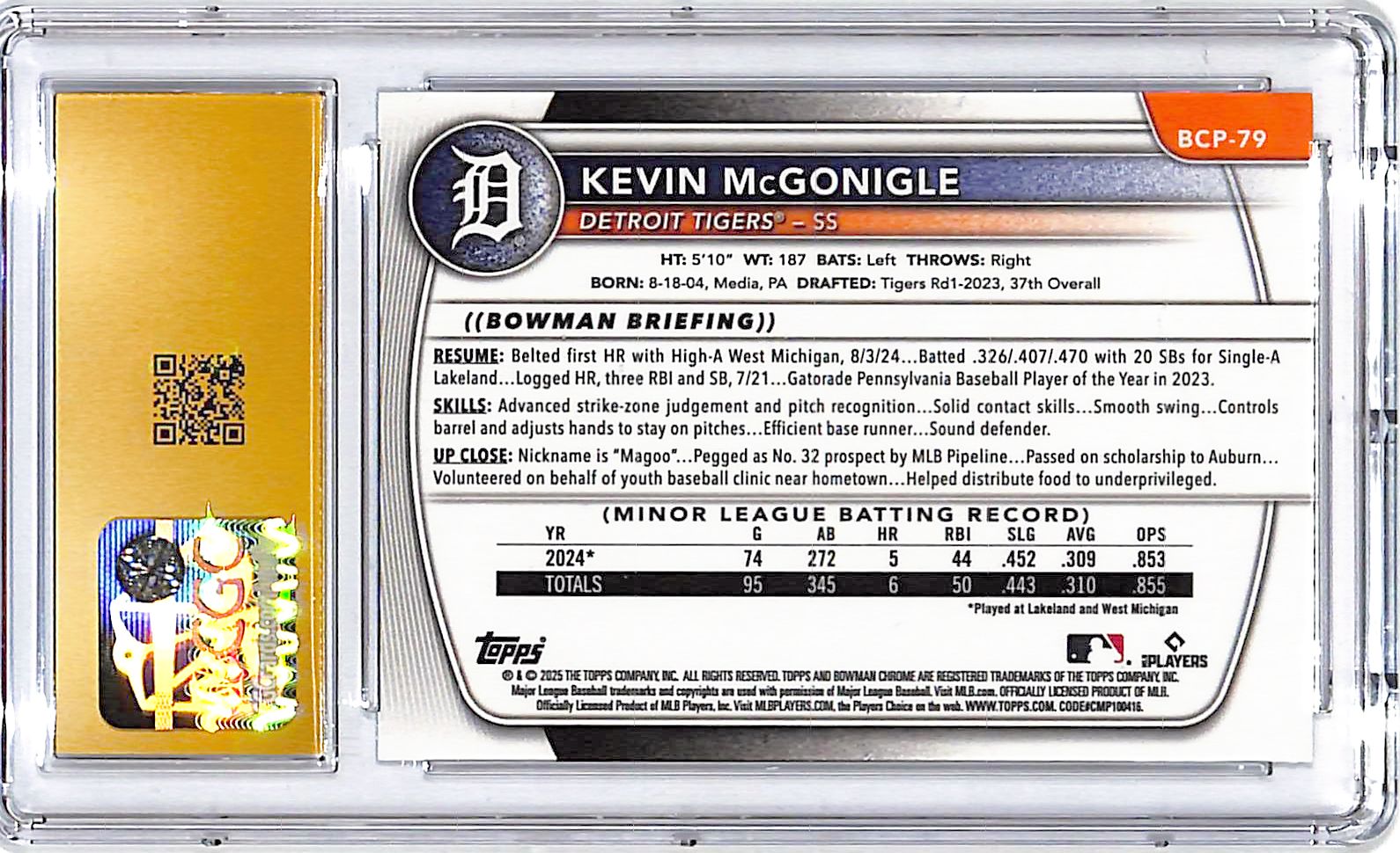 2025 Bowman Chrome Prospects Kevin McGonigle Rookie RC CGC 10 Pristine Tigers