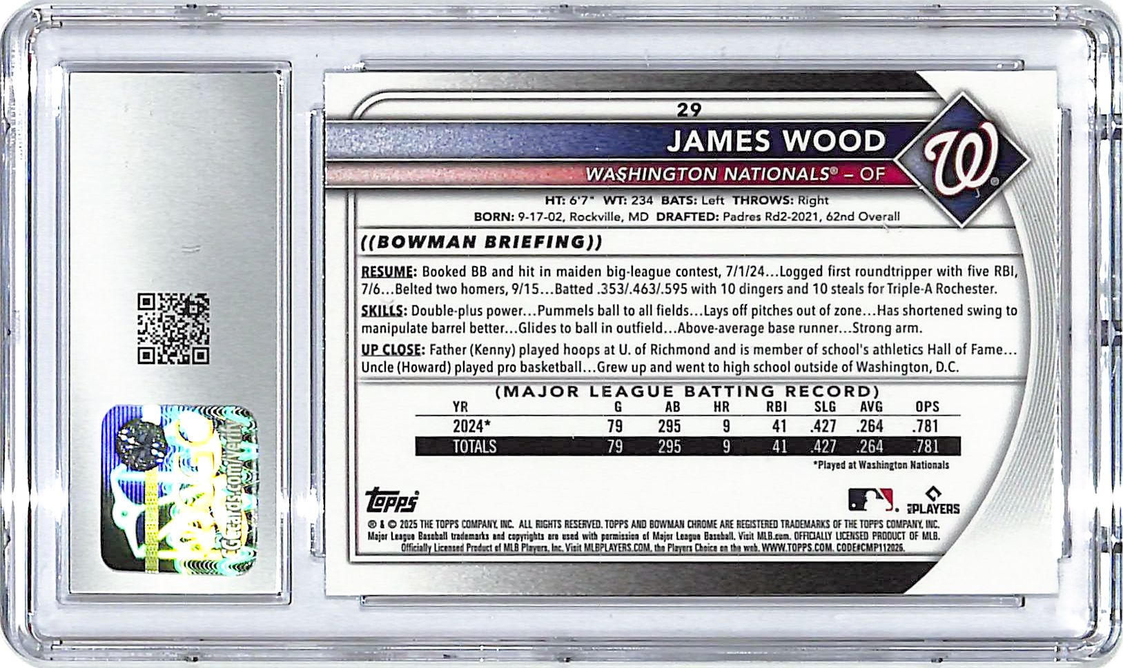2025 Bowman Chrome James Wood Rookie RC #29 CGC 9 Nationals