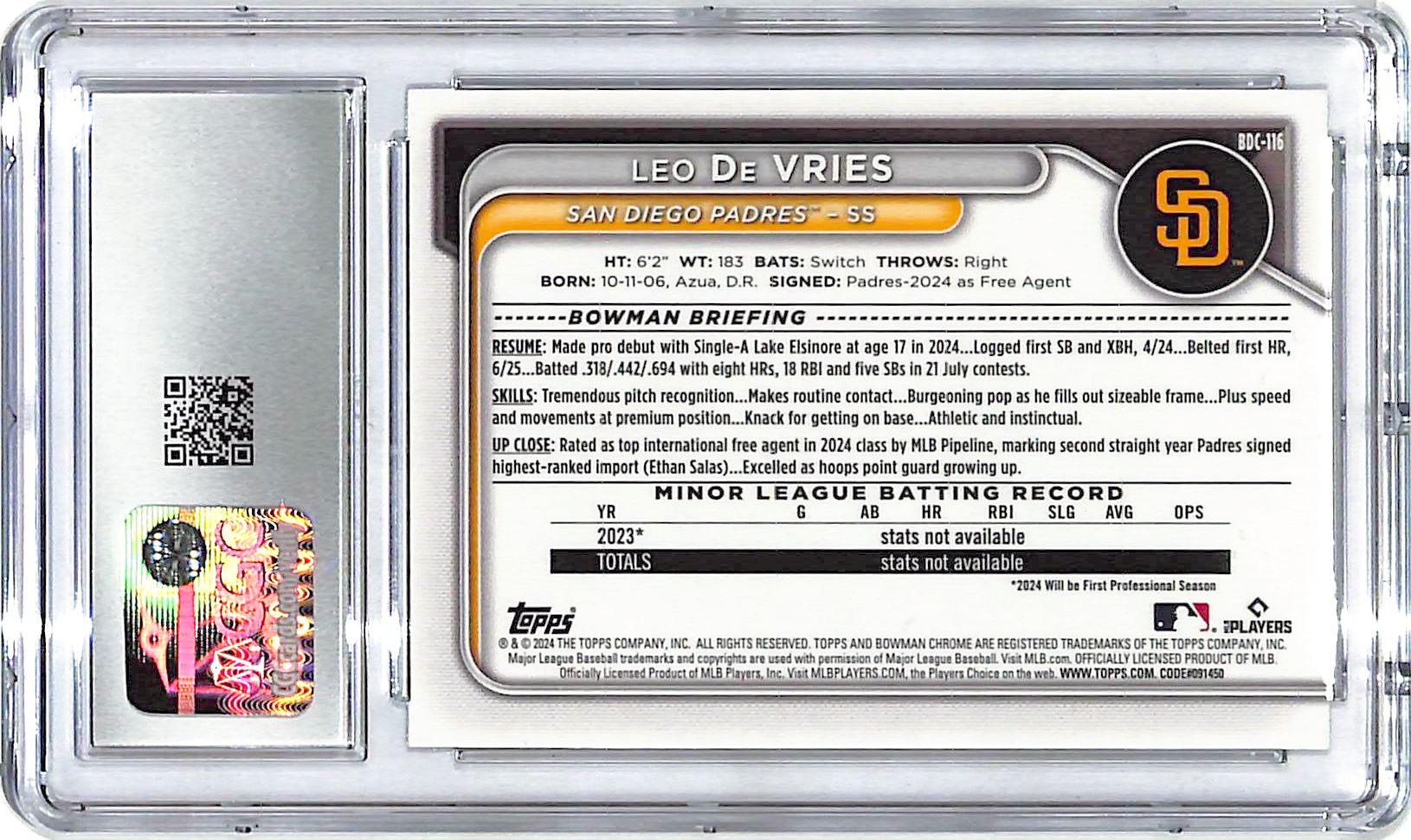 2024 Bowman Chrome Draft Leo De Vries Aqua Lunar Refractor /125 CGC 10 Padres