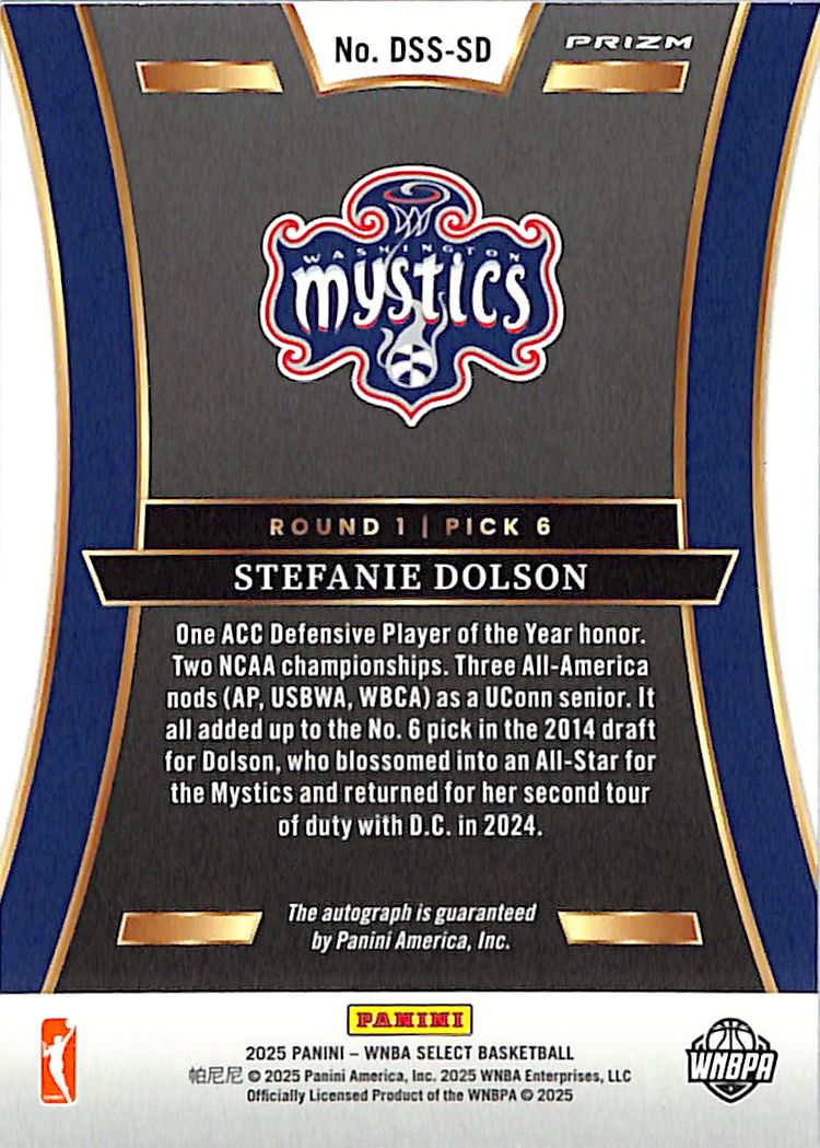 2025 Select WNBA Stefanie Dolson Auto Autograph Draft Selections Silver Mystics