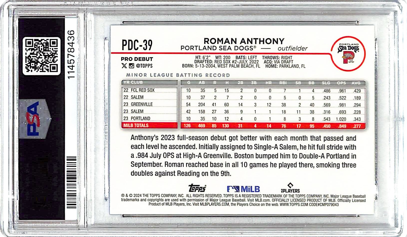 2024 TopPs Pro Debut Chrome Roman Anthony Rookie RC Blue Refractor /150 PSA 10 Red Sox