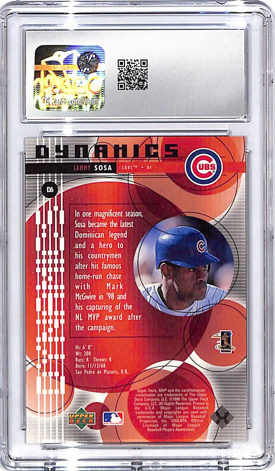 1999 Upper Deck MVP Sammy Sosa Dynamics CGC 10 Cubs