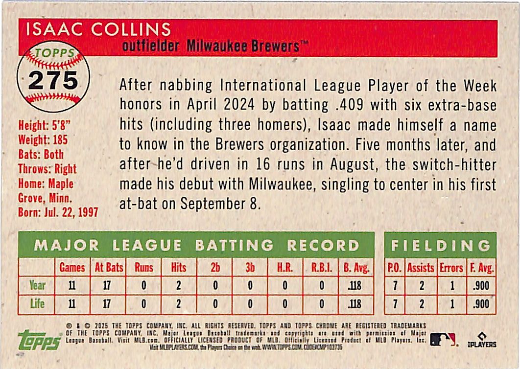 2025 Topps Chrome Platinum Anniversary Isaac Collins Rookie RC Orange Refractor /25 Brewers