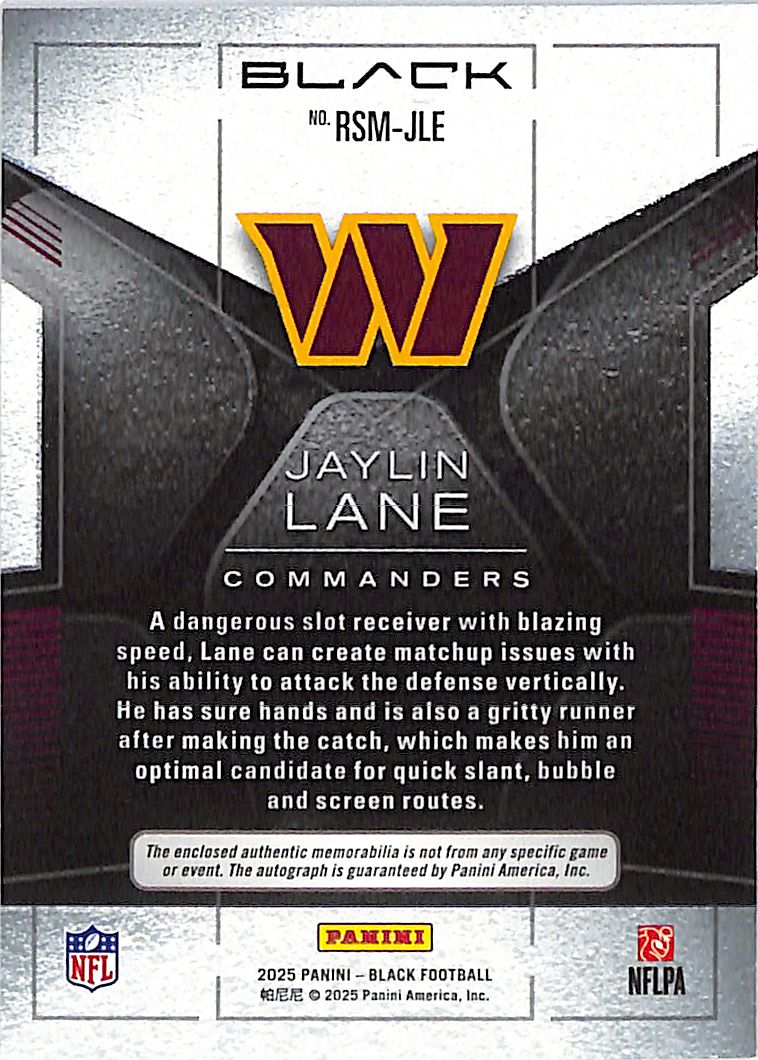 2025 Panini Black Jaylin Lane Auto Autograph Rookie RC Patch /10 Commanders