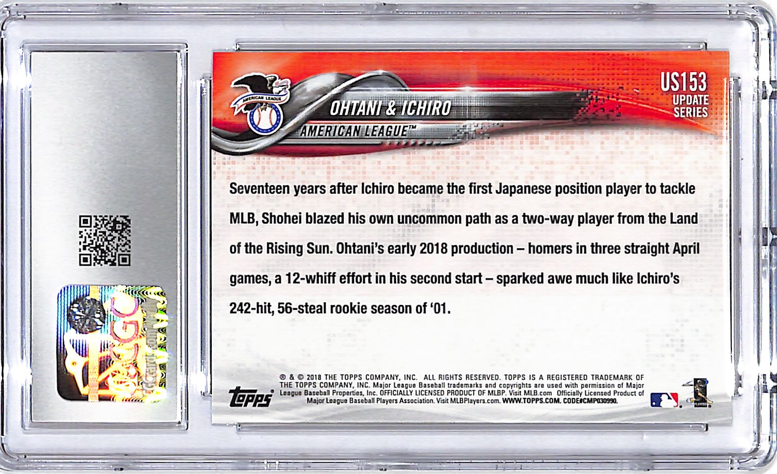 2018 Topps Update Shohei Ohtani Ichiro Japan's Finest Rookie RC US153 CGC 10