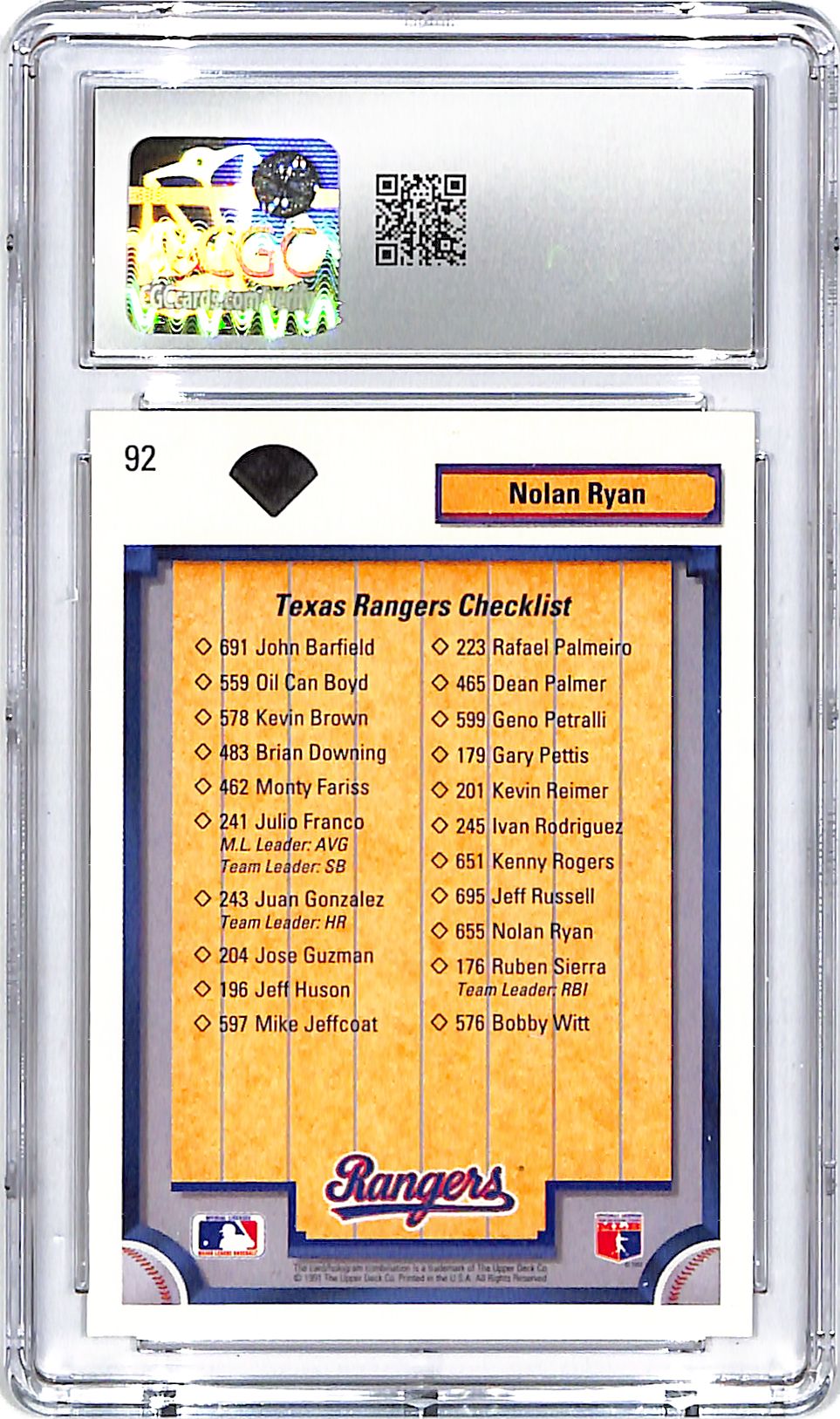 1992 Upper Deck Nolan Ryan Team Checklist #92 CGC 10 Rangers