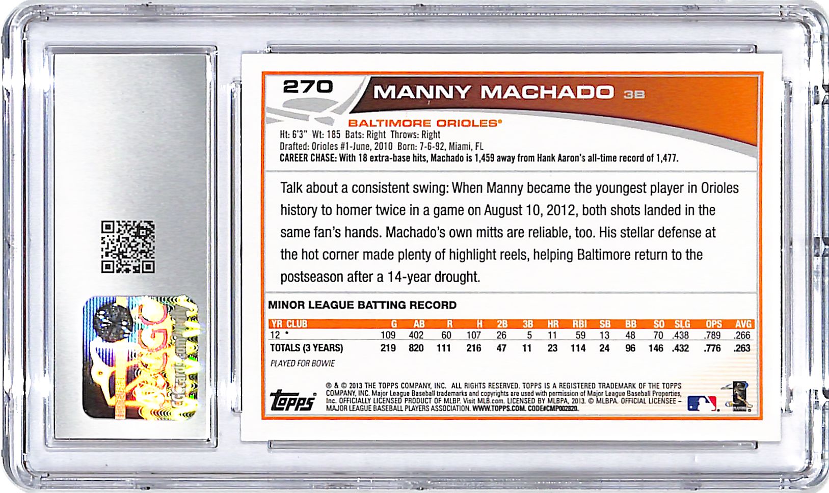 2013 Topps Manny Machado Rookie RC #270 CGC 10 Orioles