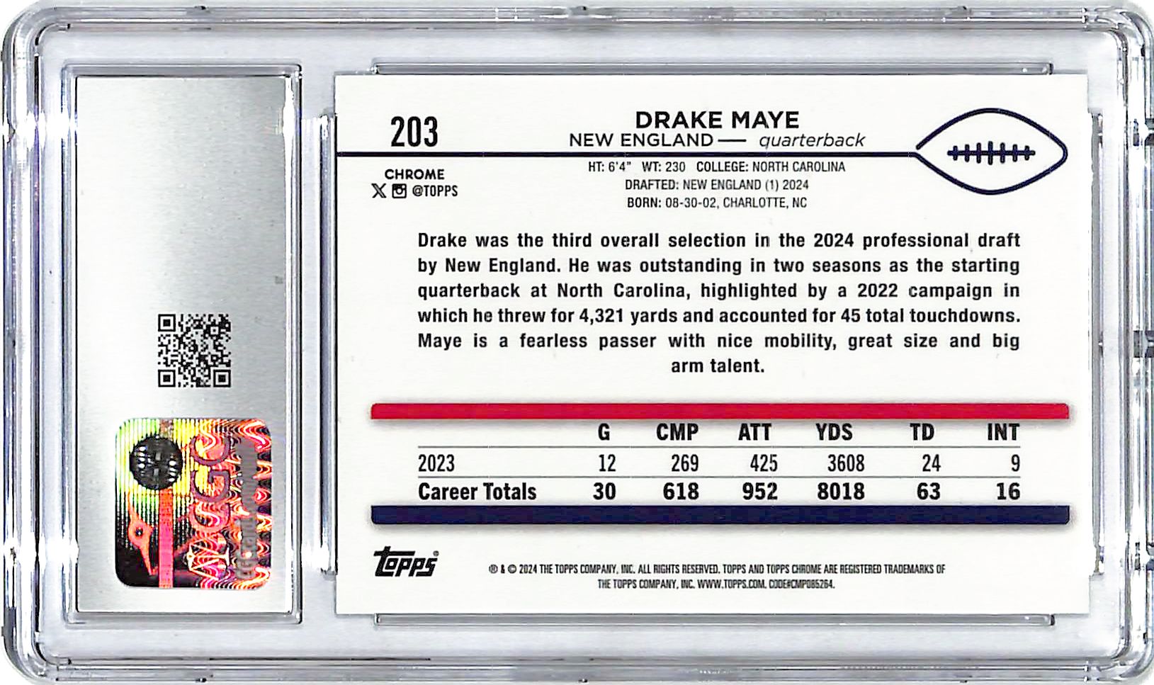 2024 Topps Chrome Drake Maye Rookie RC Sepia Refractor CGC 10 Patriots