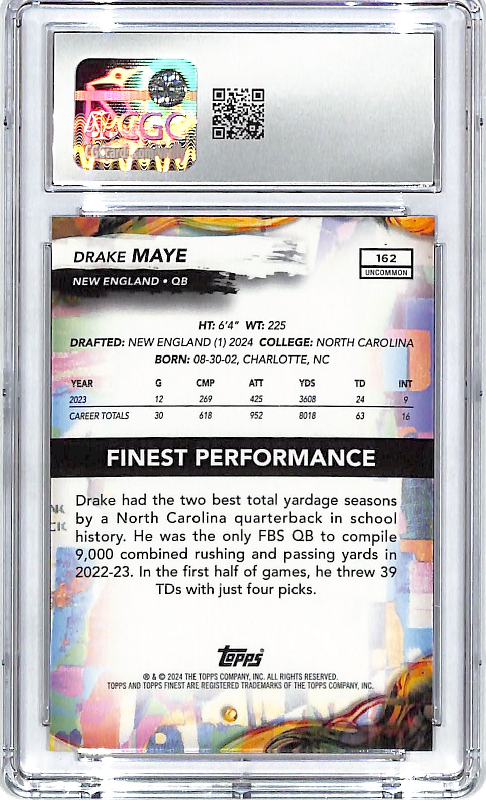 2024 Topps Finest Drake Maye Rookie RC #162 CGC 10 Patriots