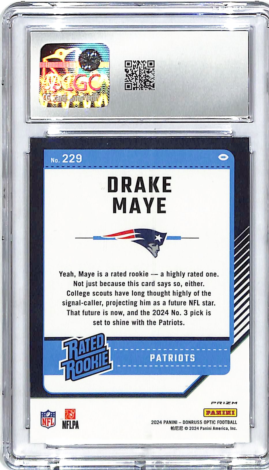 2024 Donruss Optic Drake Maye Rated Rookie RC Purple Shock CGC 9.5 Patriots