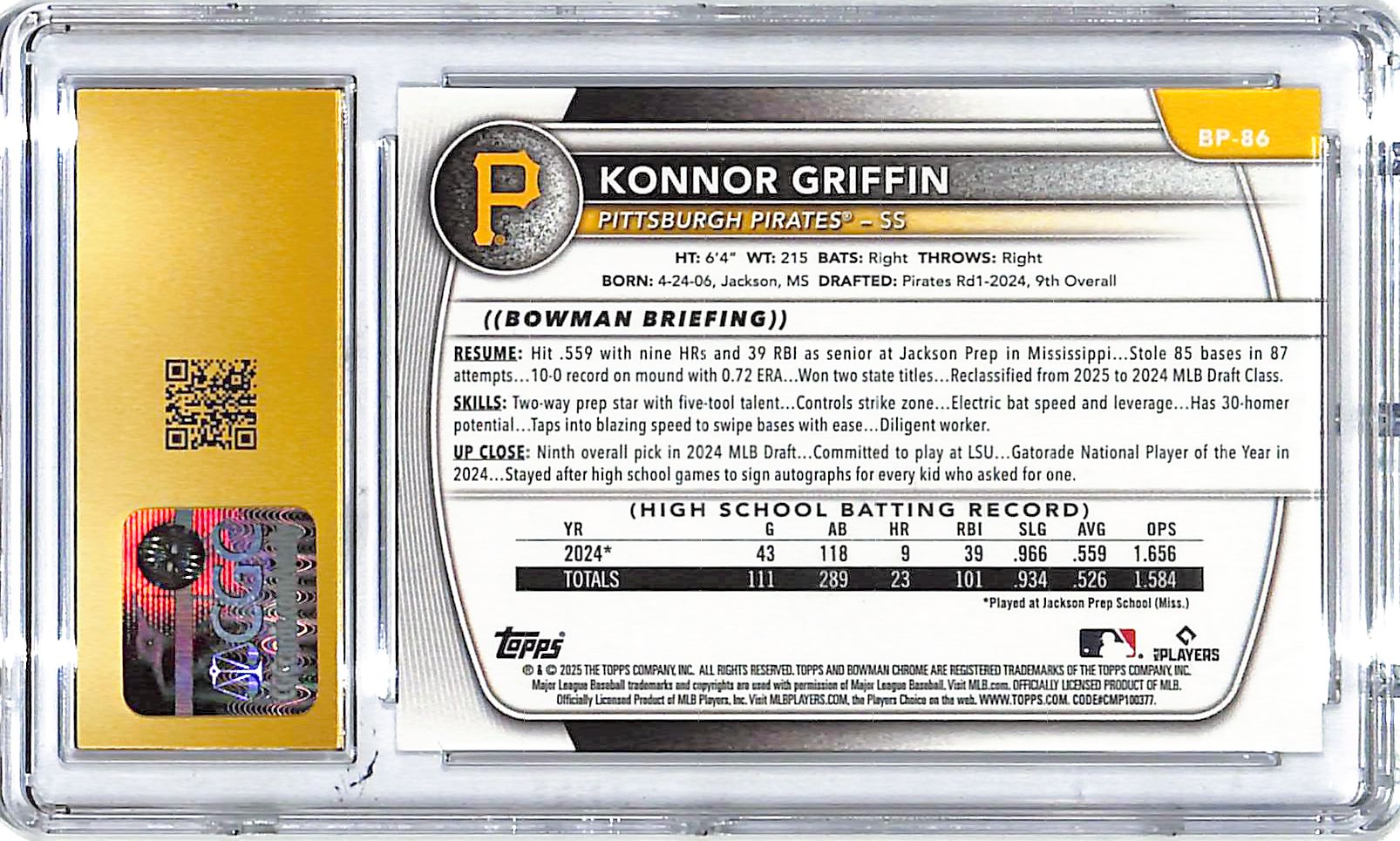 2025 Bowman Konnor Griffin Prospects Rookie RC CGC 10 Pristine Pirates