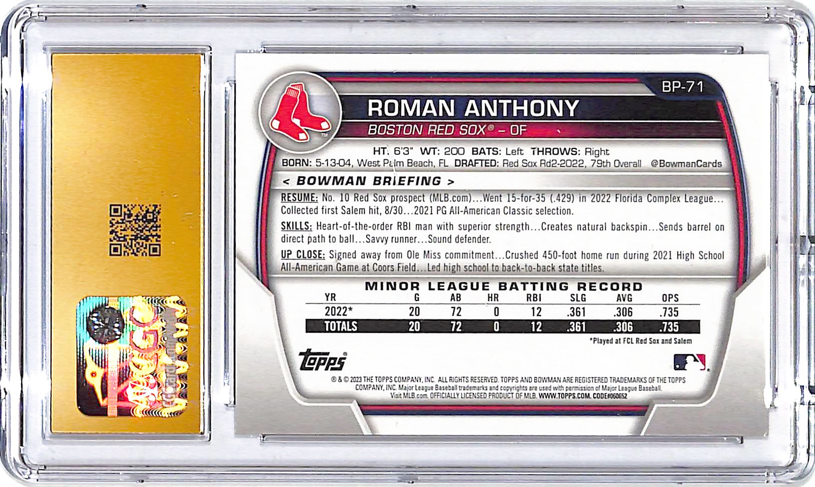 2025 Bowman Roman Anthony Prospect Rookie RC CGC 10 Pristine Red Sox