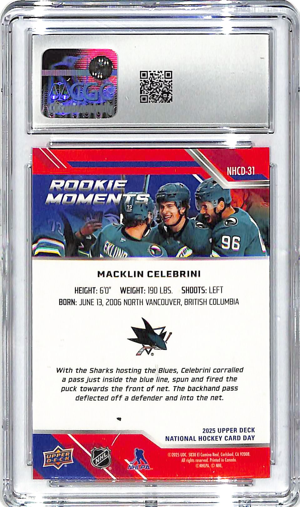 2025 Macklin Celebrini Upper Deck National Hockey Day #NHCD-13 CGC Gem Mint 10