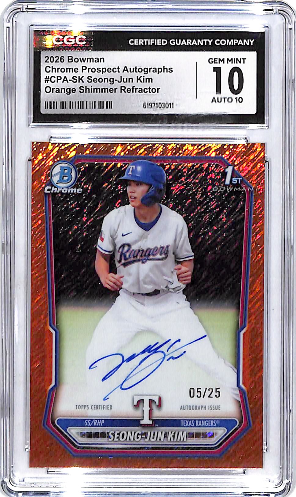 2026 Bowman Chrome Seong-Jun Kim Auto Autograph Rookie RC Orange CGC 10 /25 Shimmer Rangers