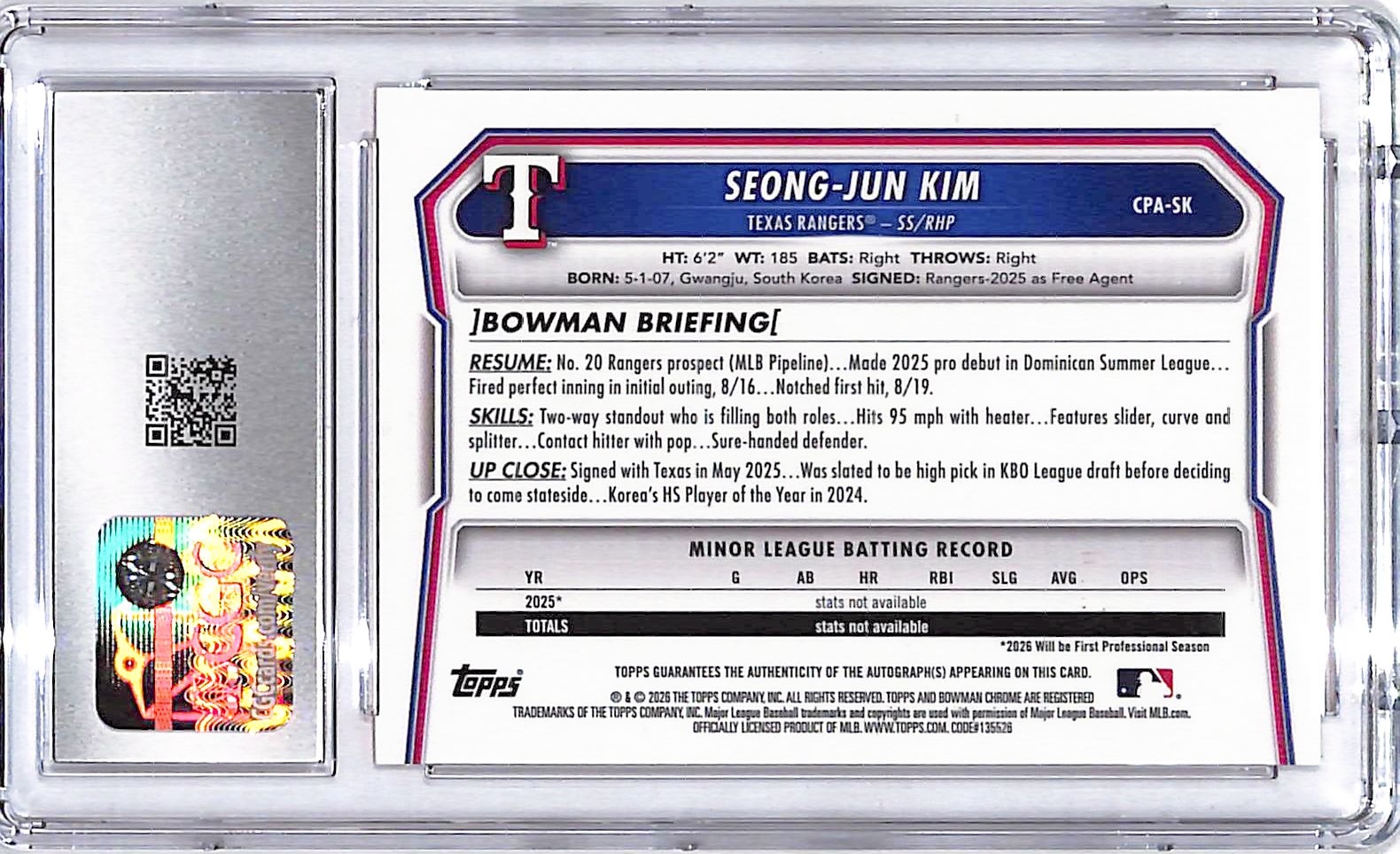 2026 Bowman Chrome Seong-Jun Kim Auto Autograph Rookie RC Orange CGC 10 /25 Shimmer Rangers