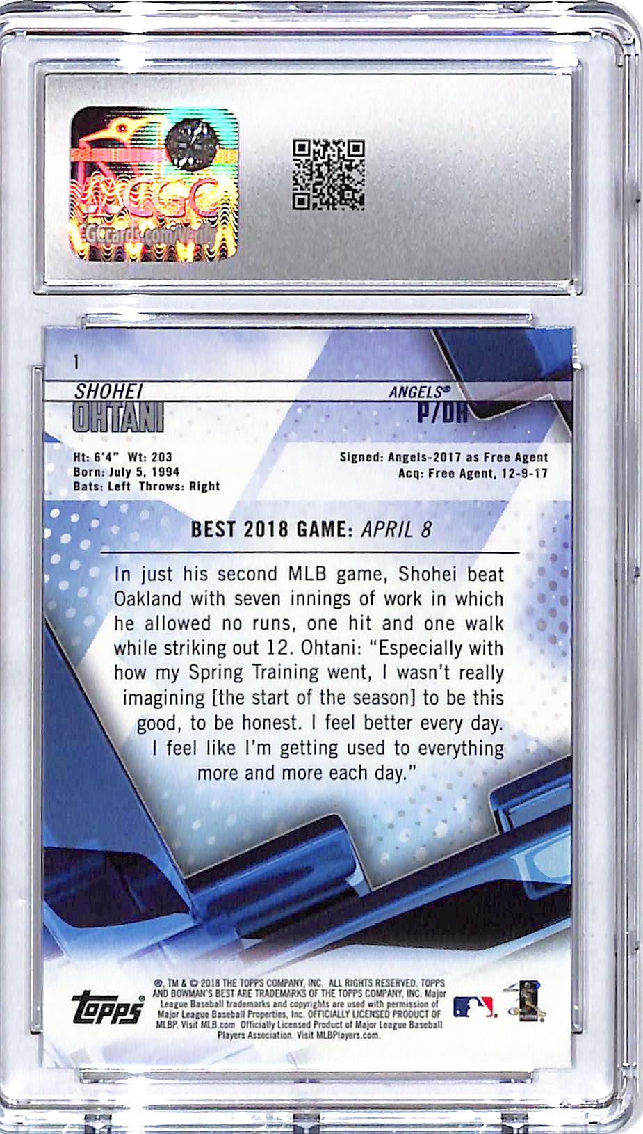 2018 Bowman's Best Shohei Ohtani Rookie RC #1 CGC 9 Angels