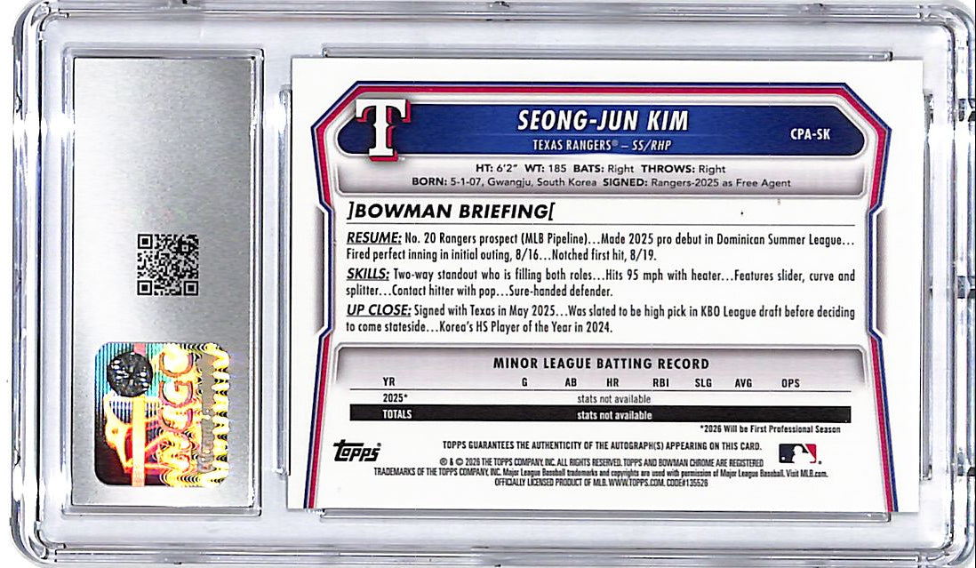 2026 Bowman Chrome Seong-Jun Kim Auto Autograph Rookie RC Green Grass CGC 9 /99 Rangers