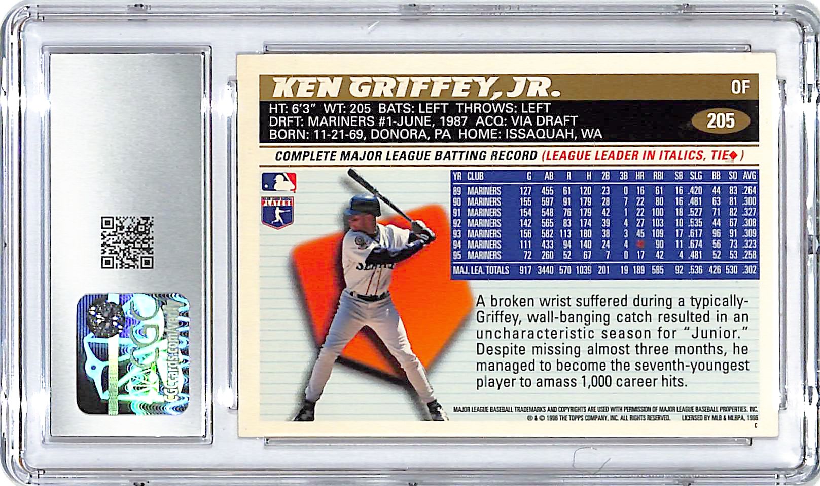 1996 Topps Ken Griffey Jr #205 CGC 9.5 Mariners