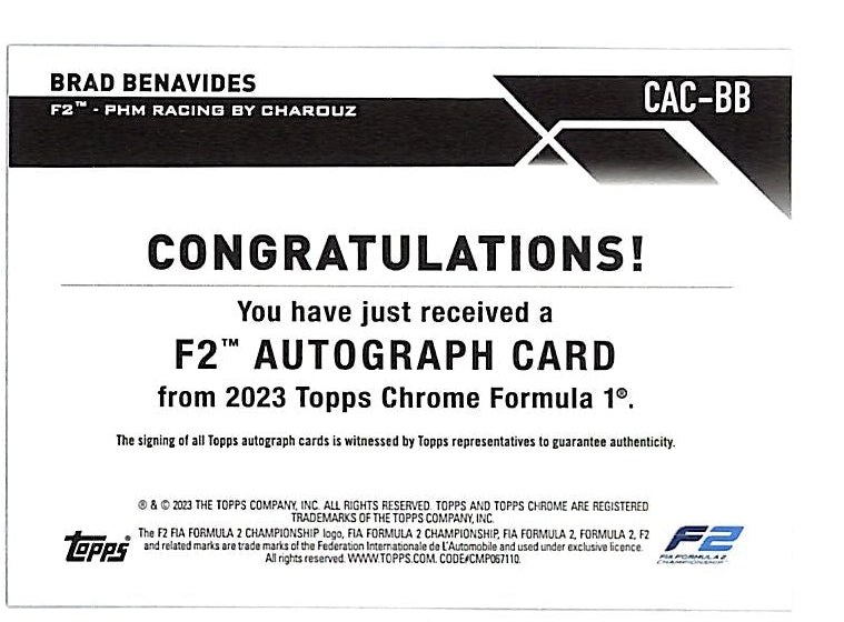 2023 Topps Chrome Formula 1 F1 Brad Benavides Auto Autograph Rookie RC Refractor