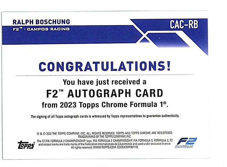 2023 Topps Chrome Formula 1 F1 Ralph Boshung Auto Autograph Rookie RC Green Refractor /99