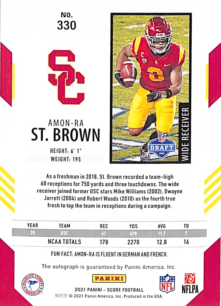 2021 Score Amon-Ra St Brown Auto Autograph Rookie RC USC Lions