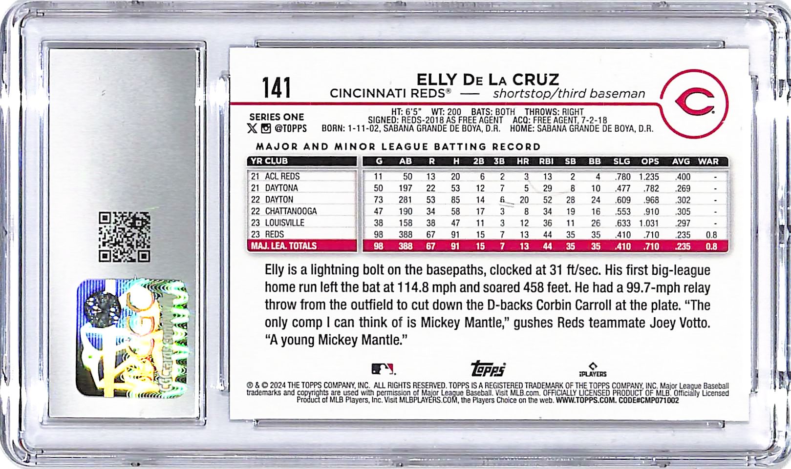 2024 Topps Elly De La Cruz Rookie RC #141 CGC 10 Reds