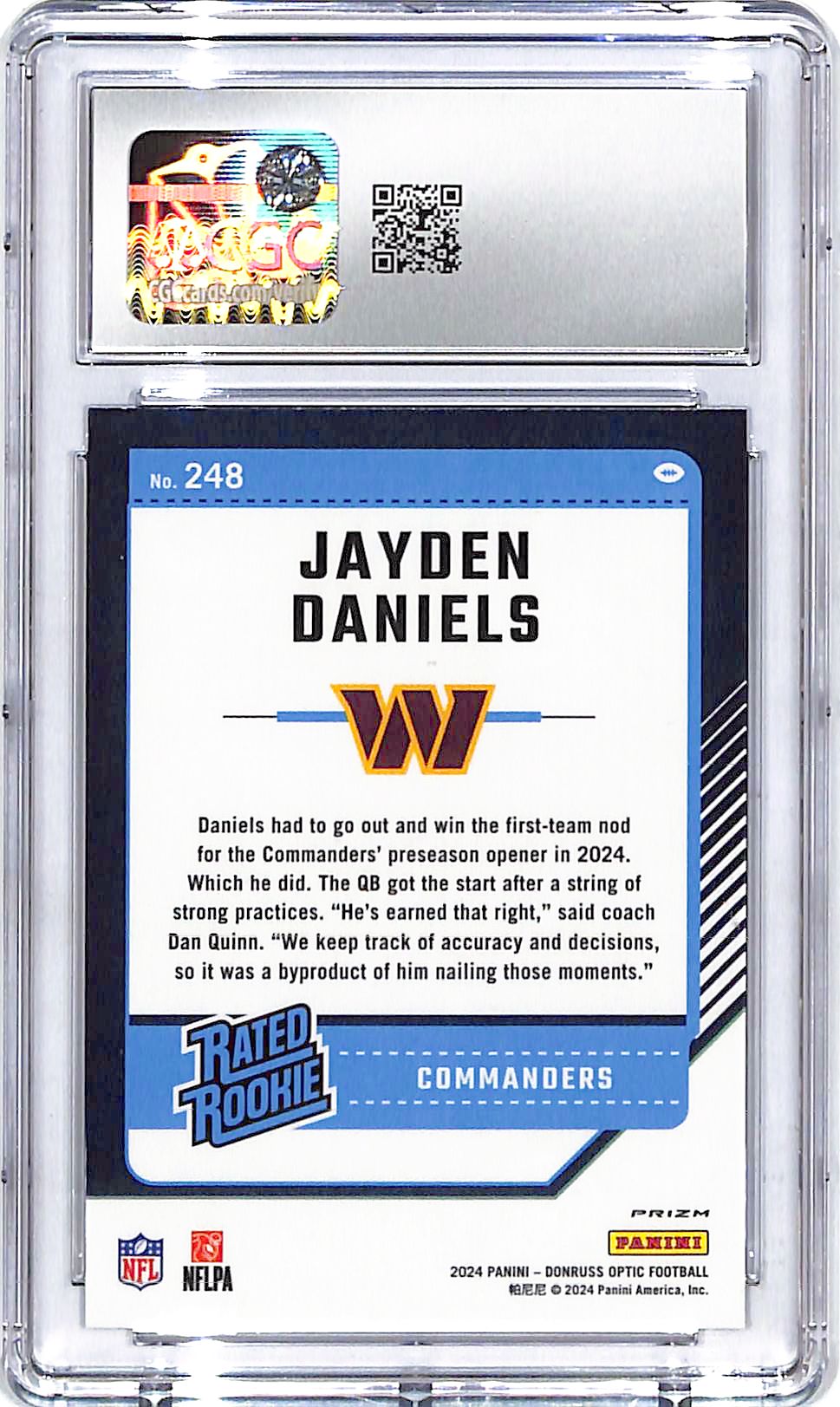 2024 Donruss Optic Jayden Daniels Rated Rookie RC Purple Shock #248 CGC 10 Commanders