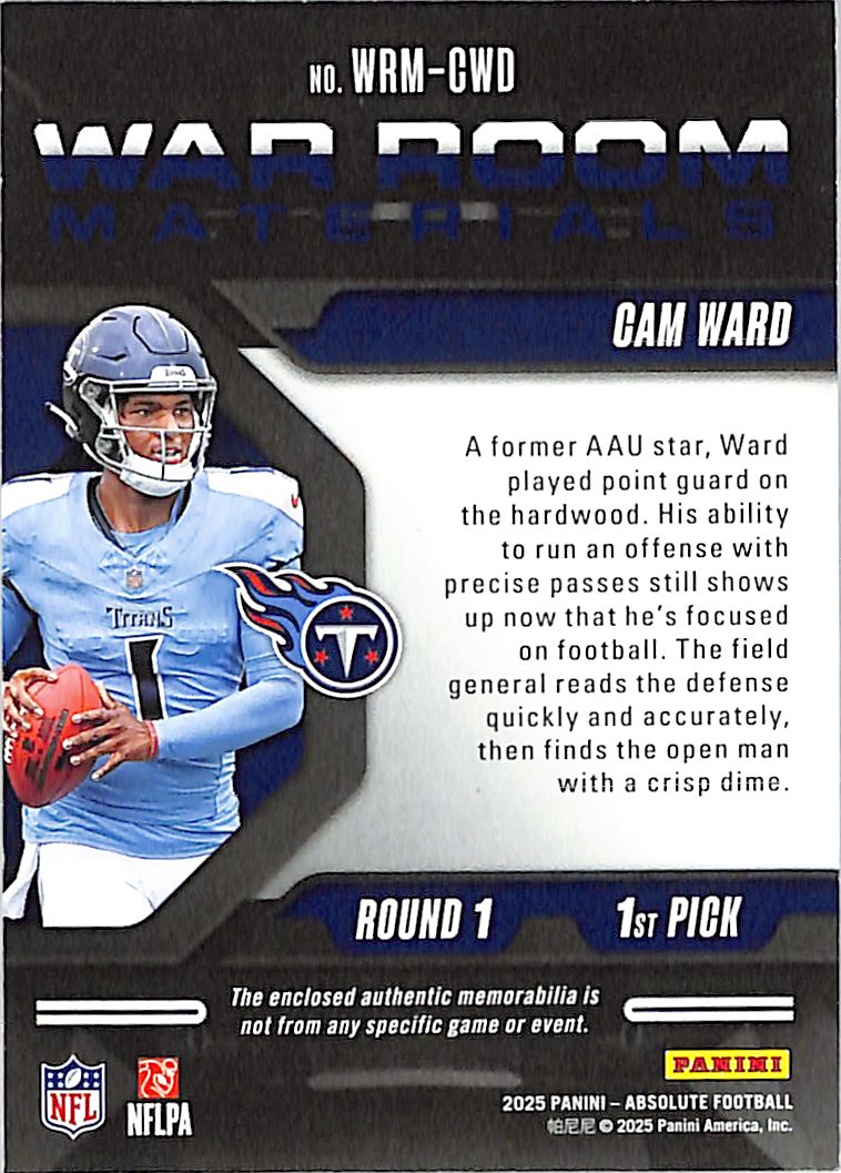 2025 Absolute Cam Ward War Room Materials Rookie RC Jersey Patch /49 Titans