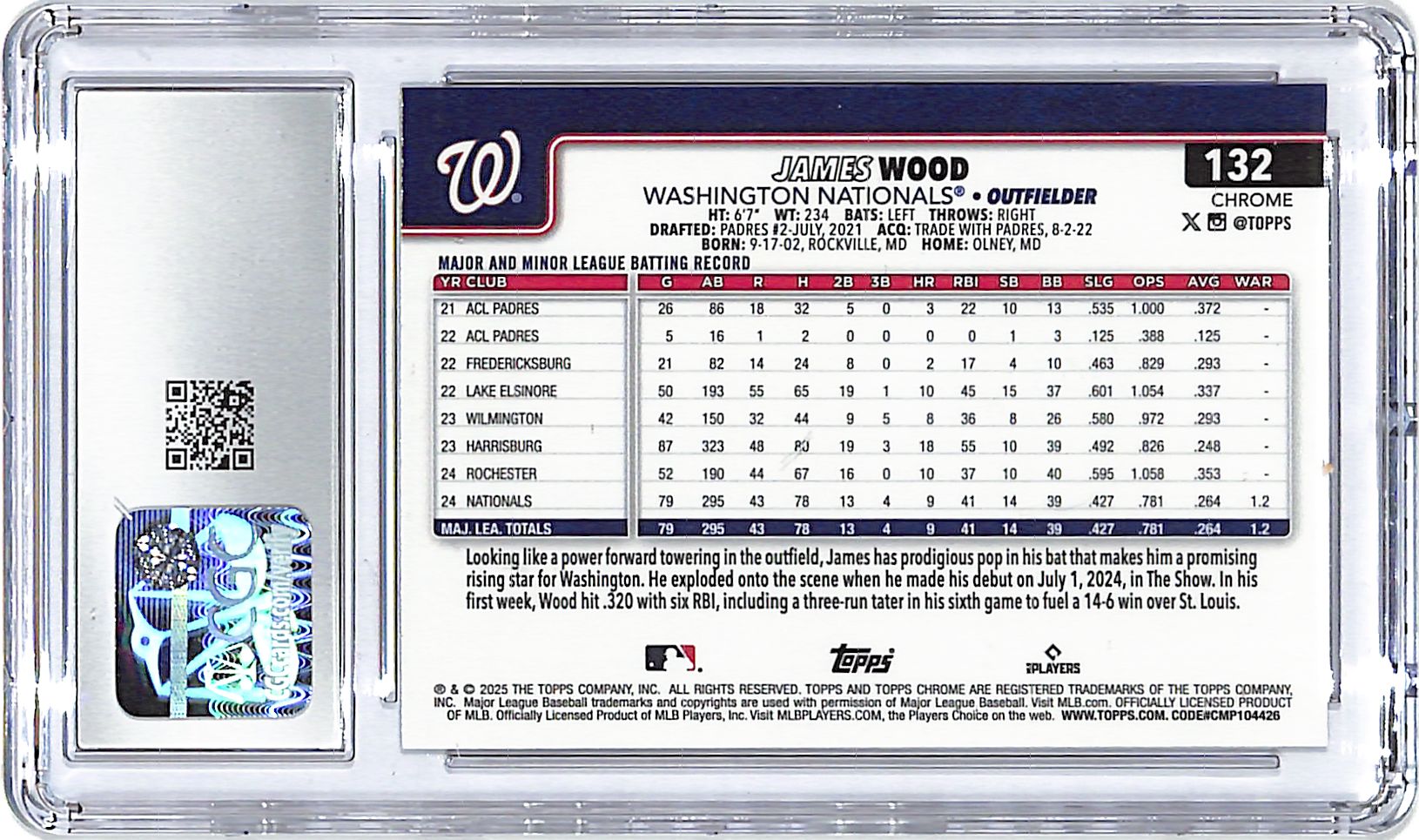 2025 Topps Chrome LogoFractor James Wood Rookie RC #132 CGC 9 Nationals