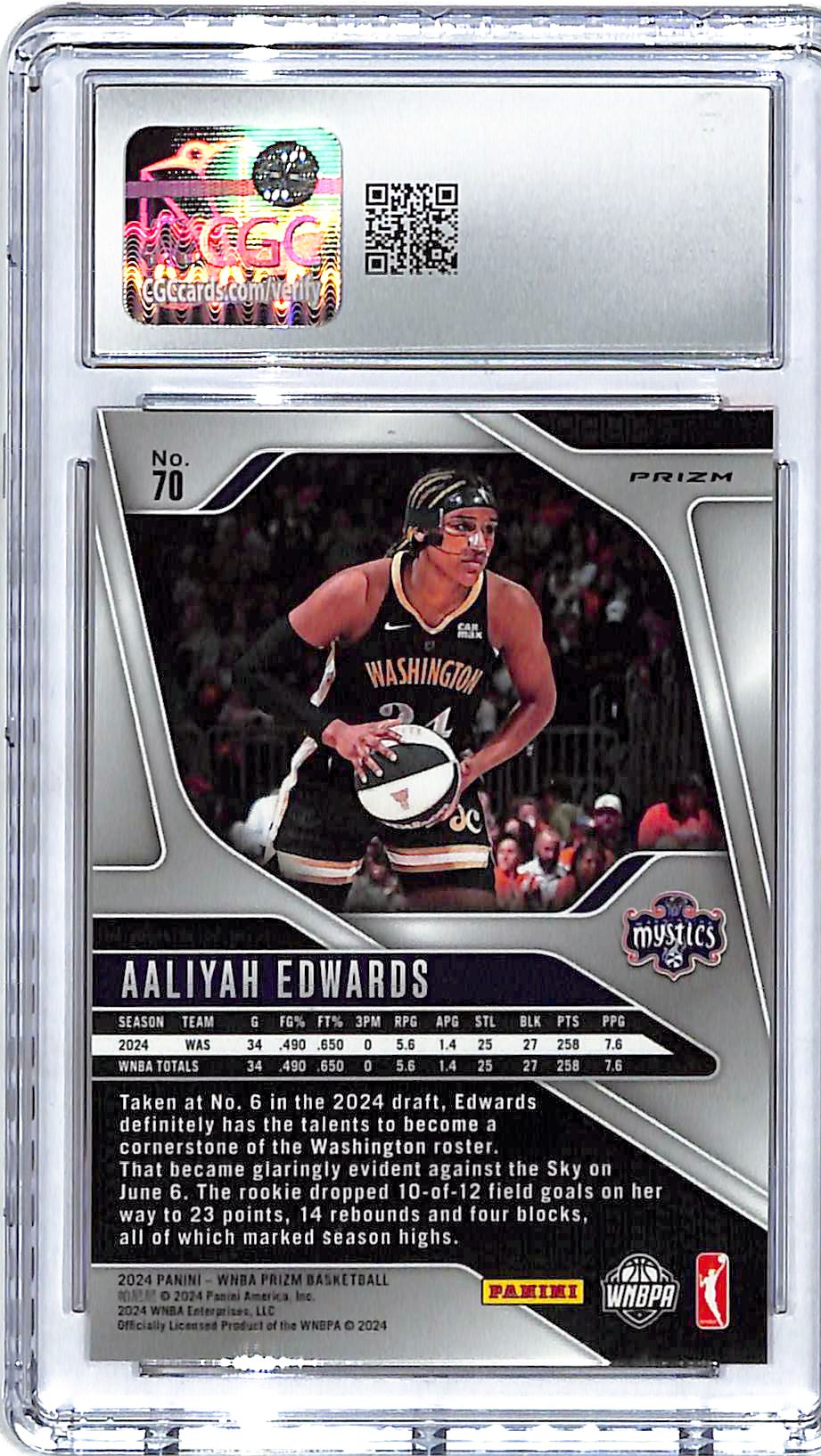 2024 Prizm WNBA Aaliyah Edwards Rookie RC Orange Velocity #70 CGC 9.5 Mystics