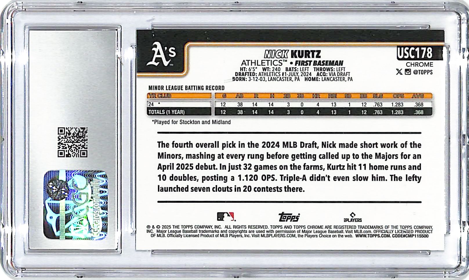 2025 Topps Chrome Update Nick Kurtz Rookie RC #USC178 CGC 9.5 Athletics
