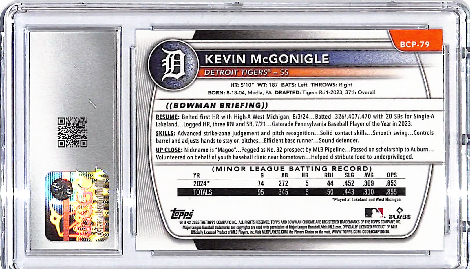 2025 Bowman Chrome Kevin McGonigle Prospect Rookie RC CGC 9.5 Tigers