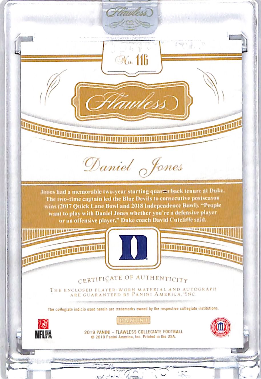 2019 Flawless Collegiate Daniel Jones Auto Autograph Rookie RC Patch Jersey /20 Duke