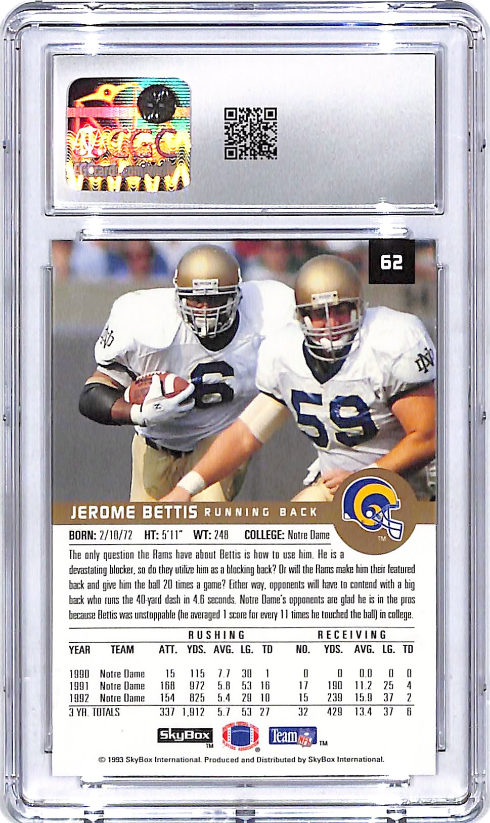 1993 Skybox Premium Jerome Bettis Rookie RC #62 CGC 9.5 Steelers