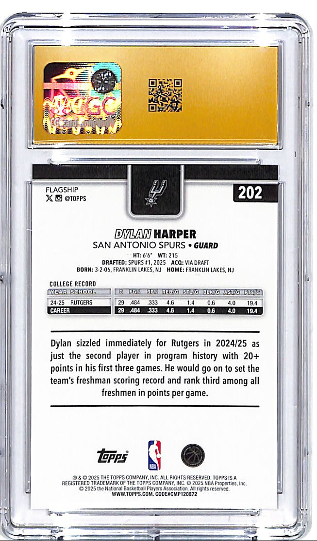 2025-26 Topps Dylan Harper Rookie RC #202 CGC 10 Pristine Spurs
