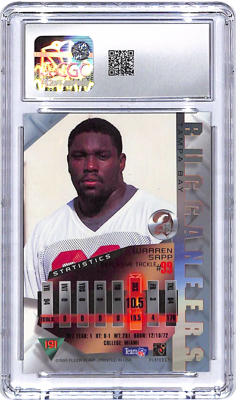 1995 Fleer Metal Warren Sapp Rookie RC #191 CGC 9.5 Buccaneers