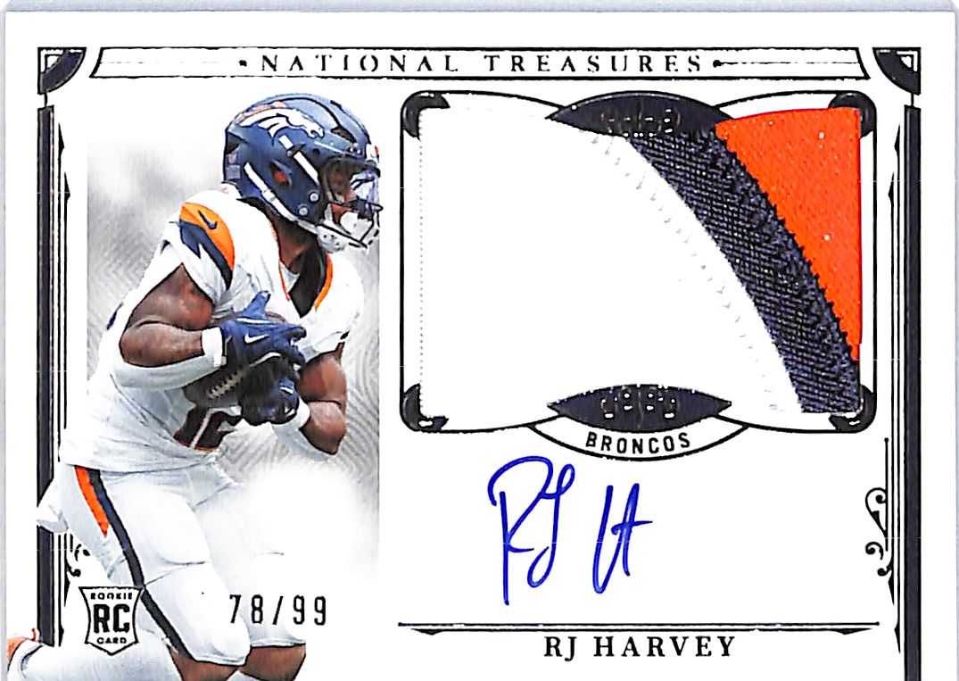 2025 National Treasures RJ Harvey Auto Autograph Rookie RC Patch Jersey /99 Broncos