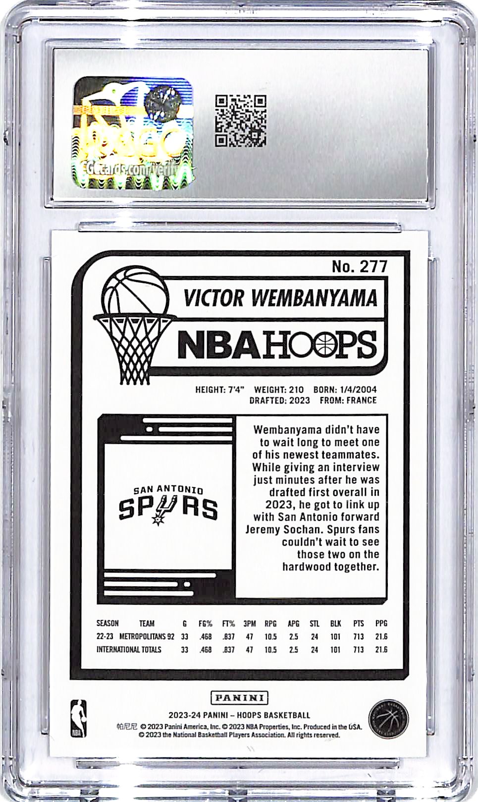 2023-24 Hoops Victor Wembanyama Rookie RC #277 CGC 10 Spurs