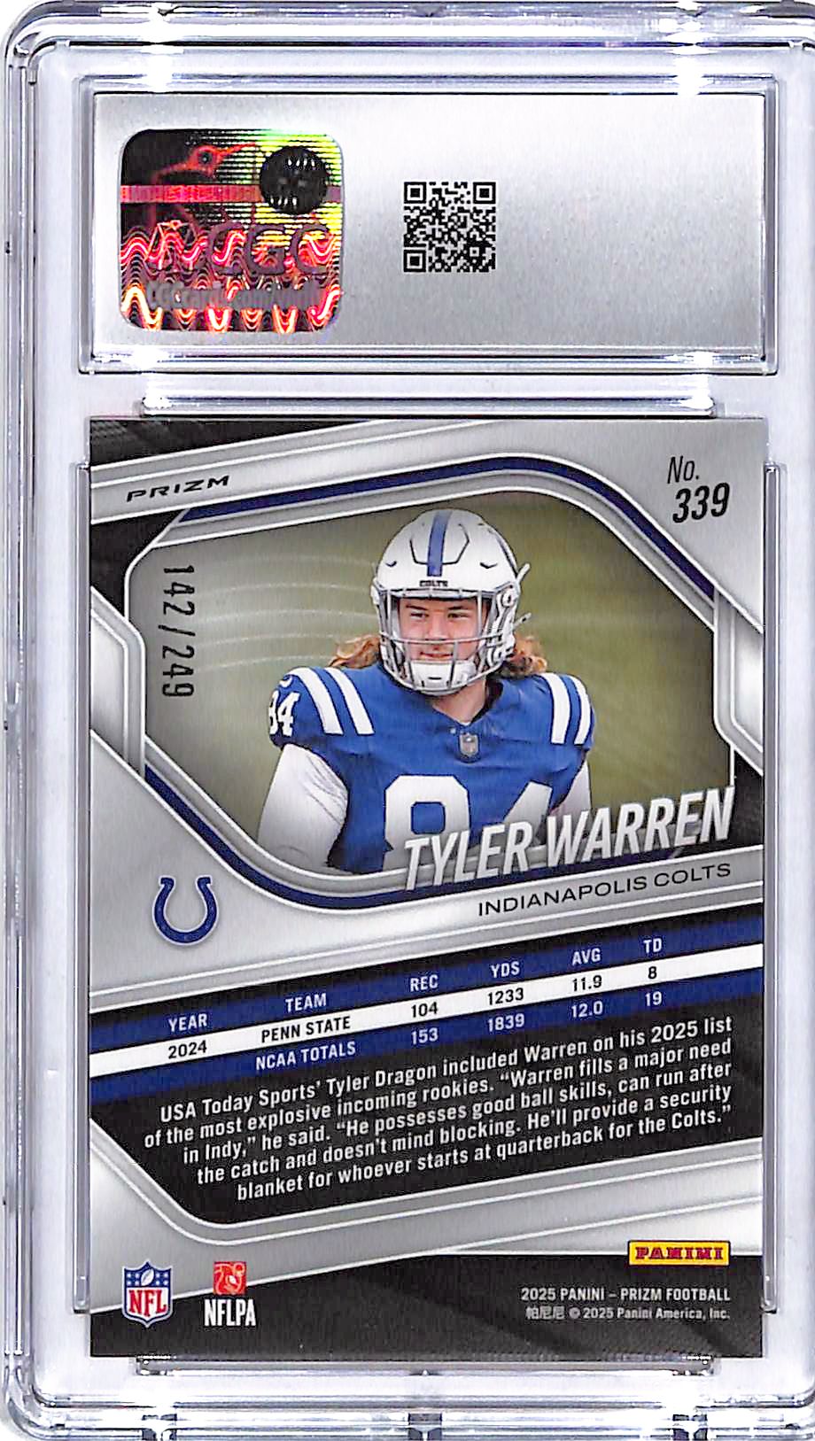 2025 Prizm Tyler Warren Rookie RC Orange /249 CGC 10 Colts