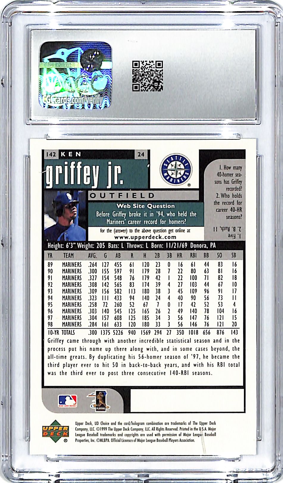 1999 UD Choice Ken Griffey Jr #142 CGC 9.5 Mariners