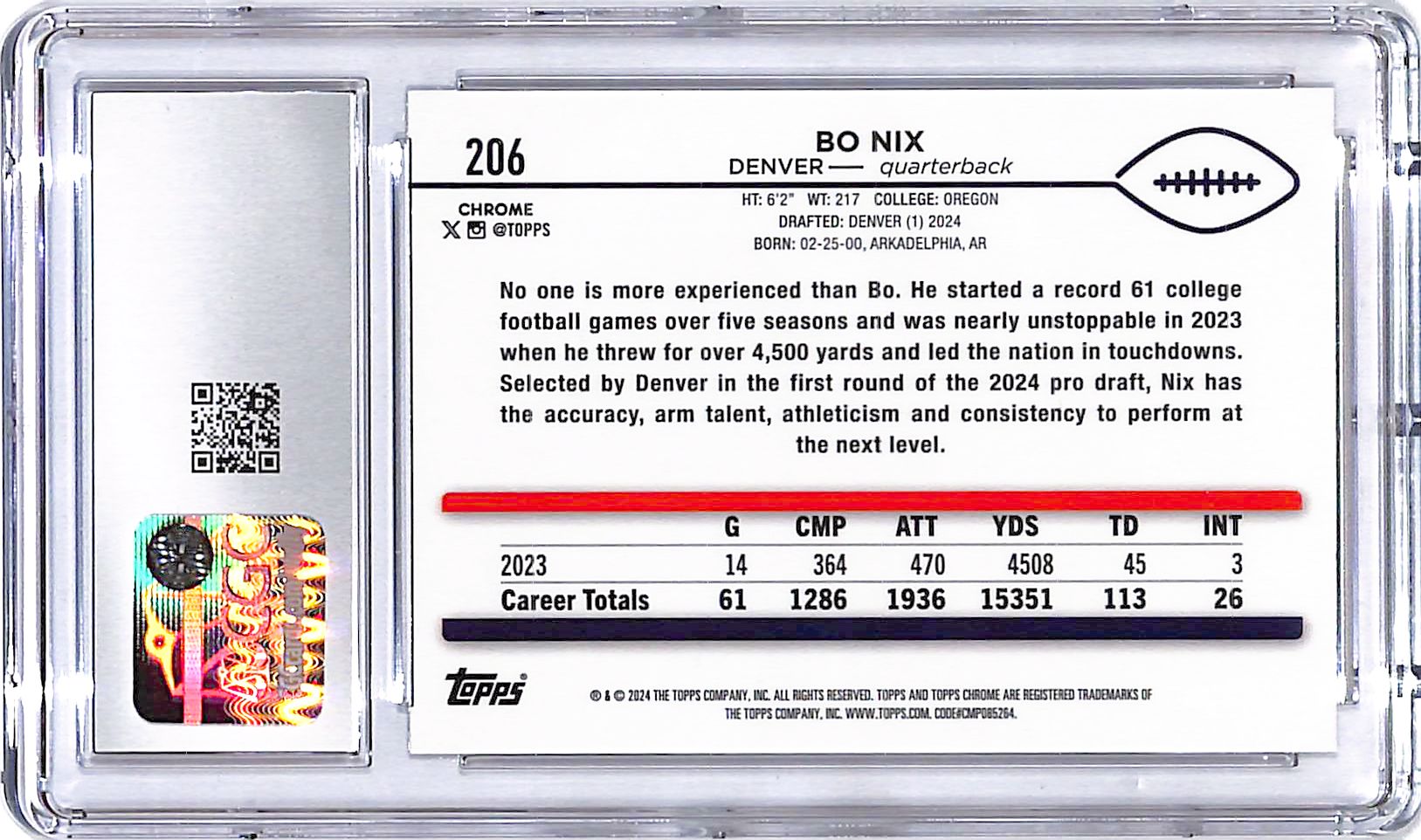 2024 Topps Chrome Bo Nix Rookie RC Prism Refractor CGC 9 Broncos