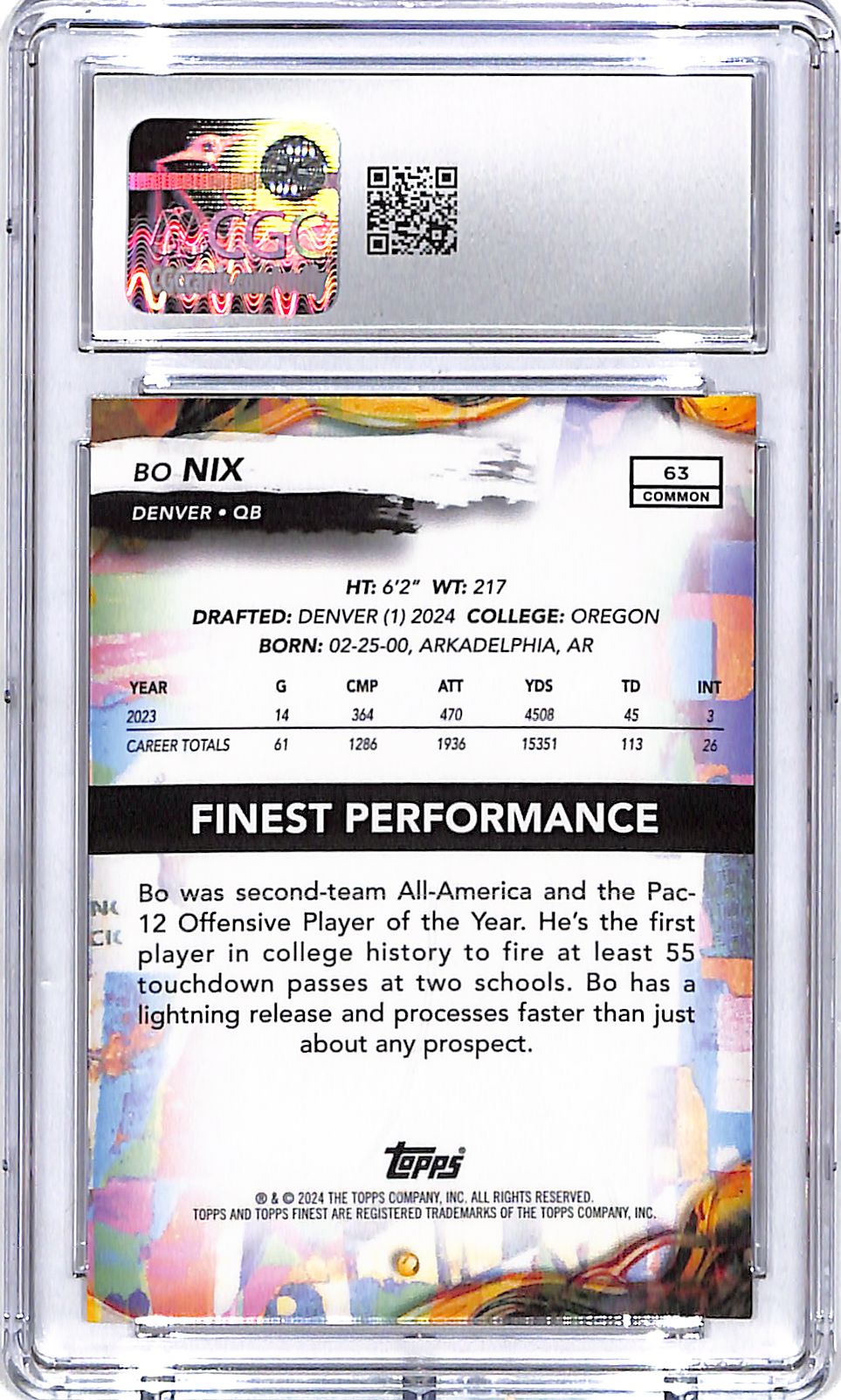 2024 Topps Finest Bo Nix Rookie RC #63 CGC 10 Broncos