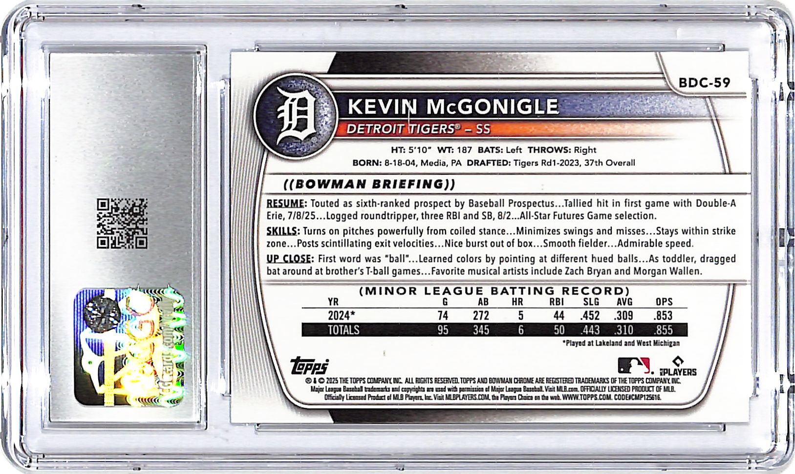 2025 Bowman Draft Chrome Kevin McGonigle Mega Box Mojo Refractor Rookie RC CGC 10 Tigers