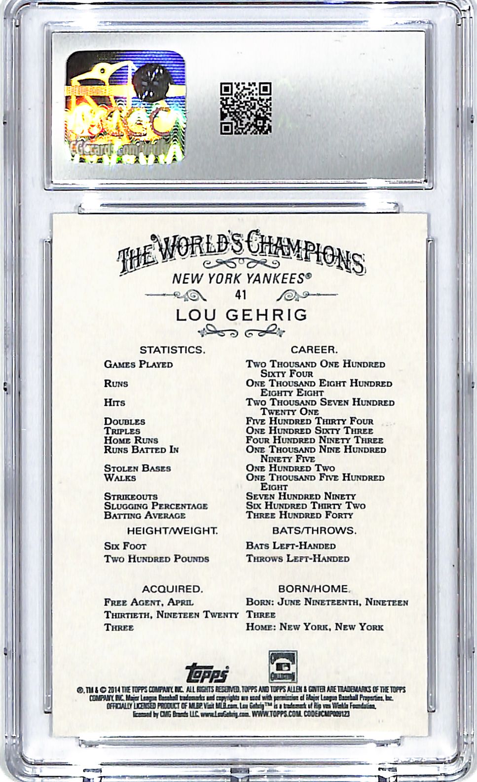 2014 Topps Allen and Ginter Lou Gehrig #41 CGC 9.5 Yankees