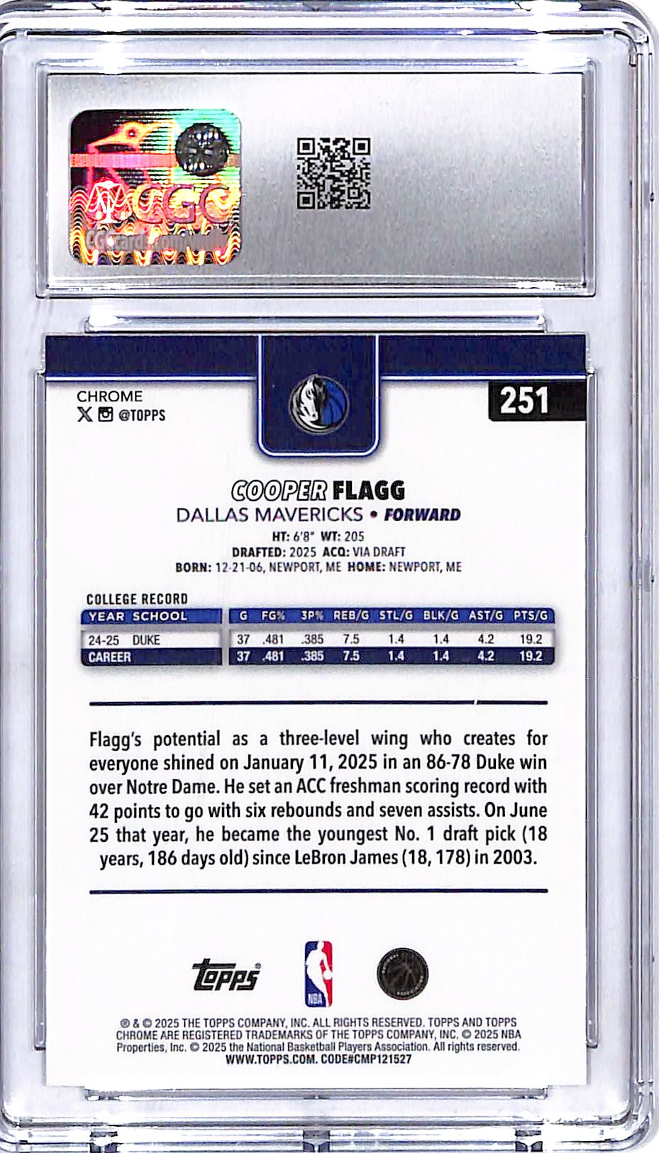 2025-26 Topps Chrome Cooper Flagg Rookie RC #251 CGC 9.5 Mavericks