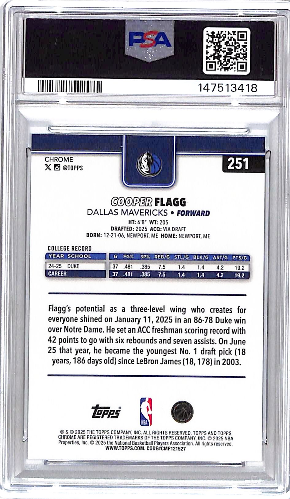 2025-26 Topps Chrome Cooper Flagg Rookie RC #251 PSA 8 Mavericks